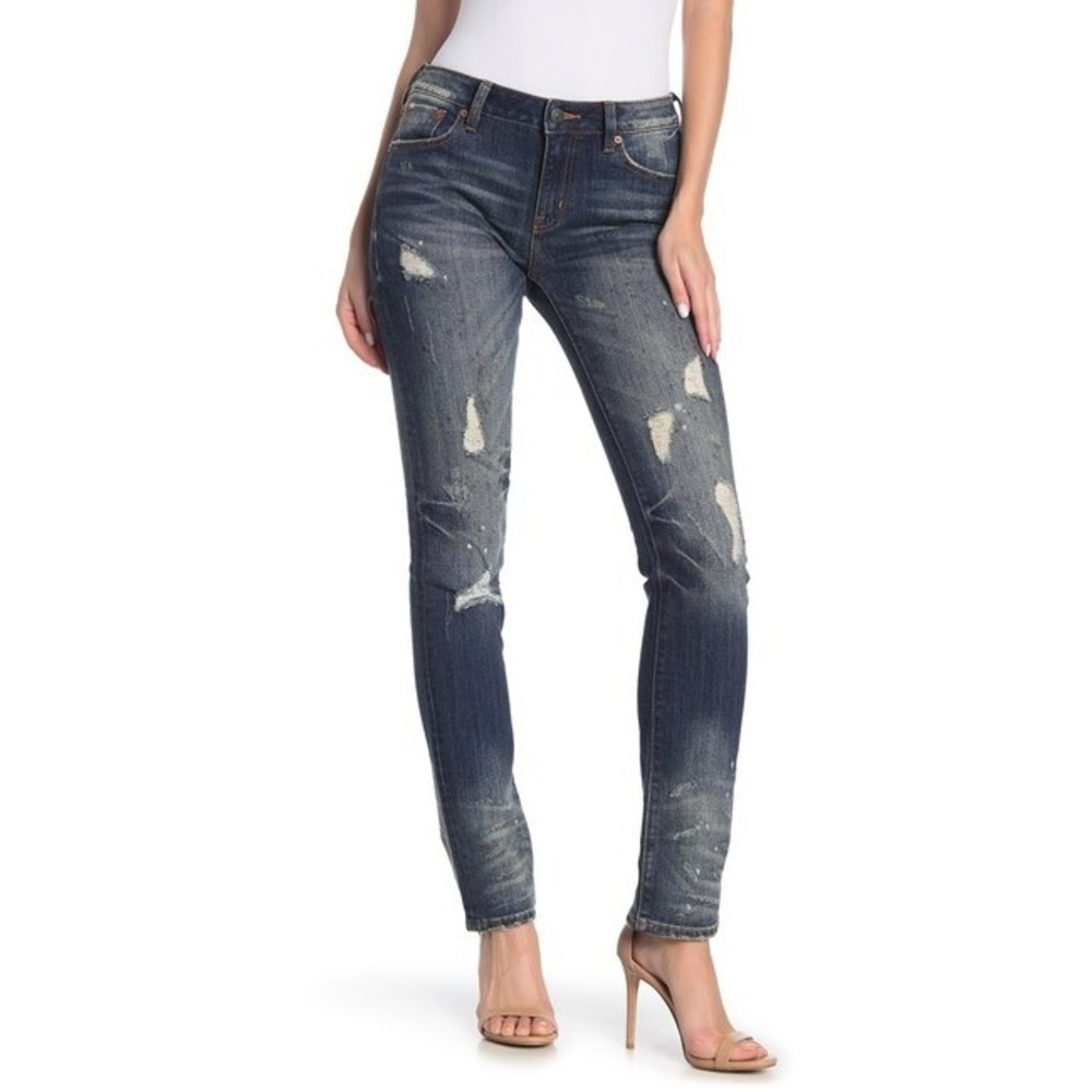 Rock Revival Remix‎ Women's Mid-Rise Distressed Straight Jeans Paint Splatter
